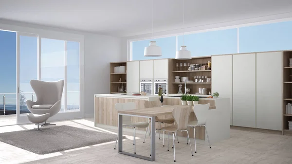 Modern white kitchen with wooden details, big window with sea or — Stock Photo, Image