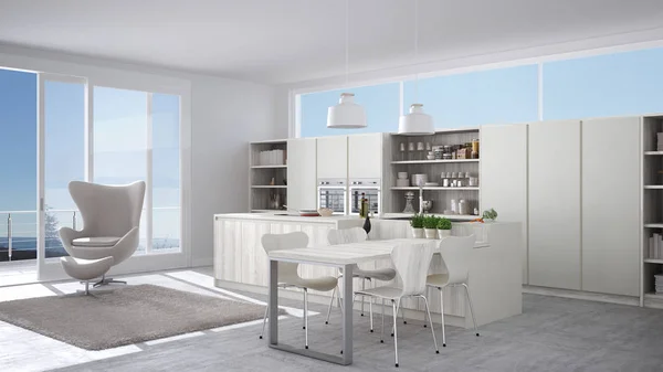 Moderna cucina bianca con dettagli in legno, grande finestra con mare o — Foto Stock