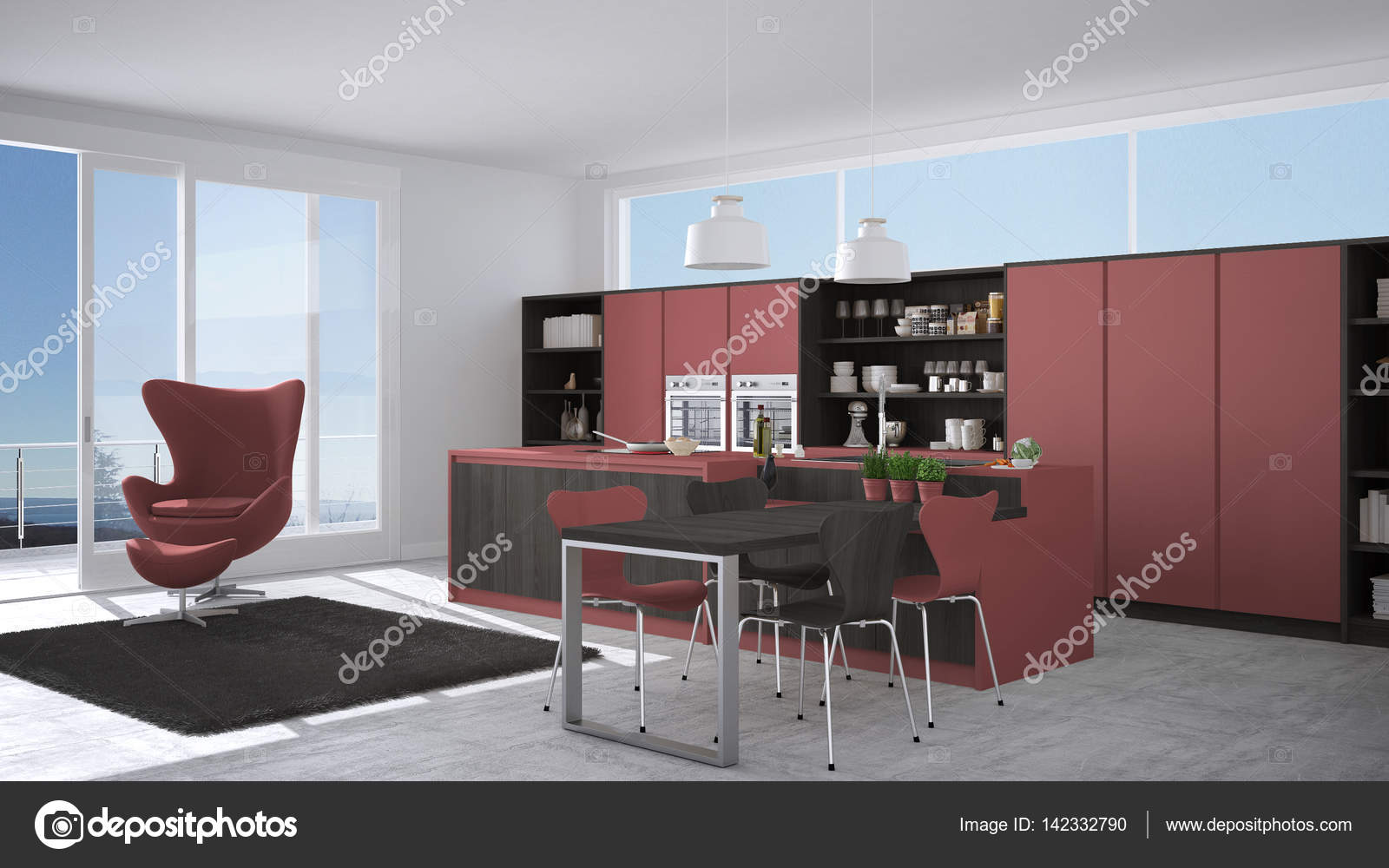 Cinza E Vermelha Cozinha Moderna Com Detalhes Em Madeira Janela Cinza E Vermelha Cozinha Moderna Com Detalhes Em Madeira Janela
