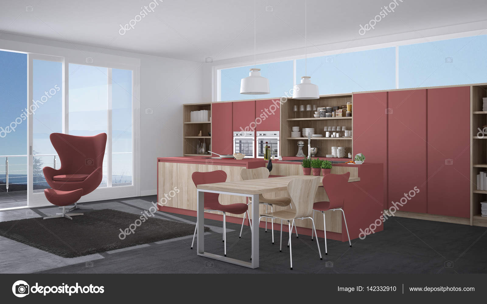 Cinza E Vermelha Cozinha Moderna Com Detalhes Em Madeira Janela Cinza E Vermelha Cozinha Moderna Com Detalhes Em Madeira Janela