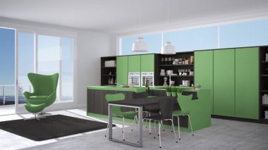 Tahta detaylar, büyük pencere modern gri ve yeşil mutfak wi