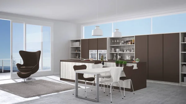Cucina moderna bianca e marrone con dettagli in legno, grande finestra w — Foto Stock