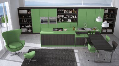 Tahta detaylar, büyük pencere modern gri ve yeşil mutfak wi