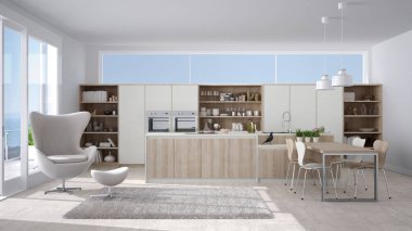 Modern beyaz mutfak ahşap detayları ile deniz ile büyük pencere veya