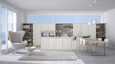Modern beyaz mutfak ahşap detayları ile deniz ile büyük pencere veya