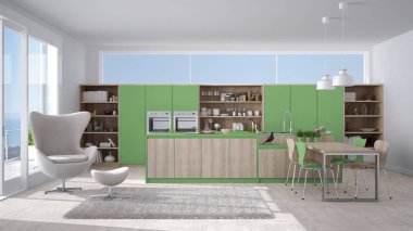 Tahta detaylar, büyük pencere w modern beyaz ve yeşil mutfak