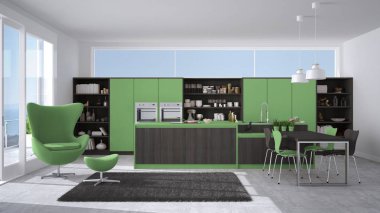 Tahta detaylar, büyük pencere modern gri ve yeşil mutfak wi