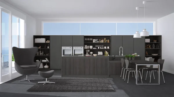 Moderna cocina gris con detalles de madera, gran ventana con mar o — Foto de Stock