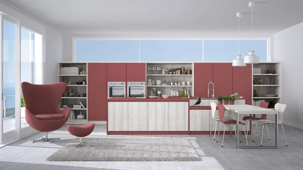 Nowoczesna kuchnia biało -czerwone z drewnianymi elementami, duże okna wit — Zdjęcie stockowe