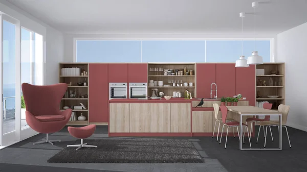 Cuisine moderne grise et rouge avec détails en bois, grande fenêtre avec — Photo