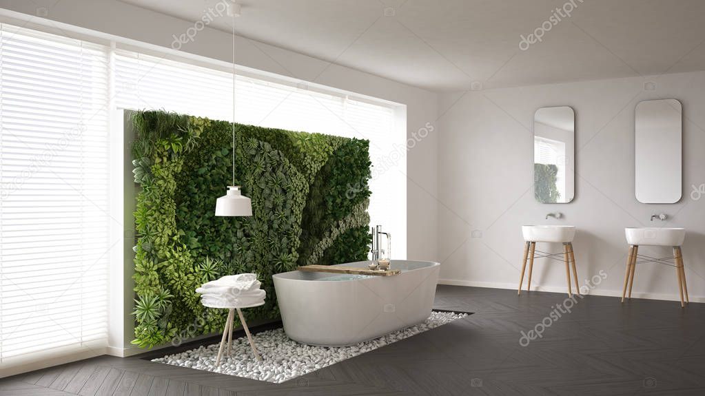 Scandinavian bathroom with vertical garden, white minimalistic i
