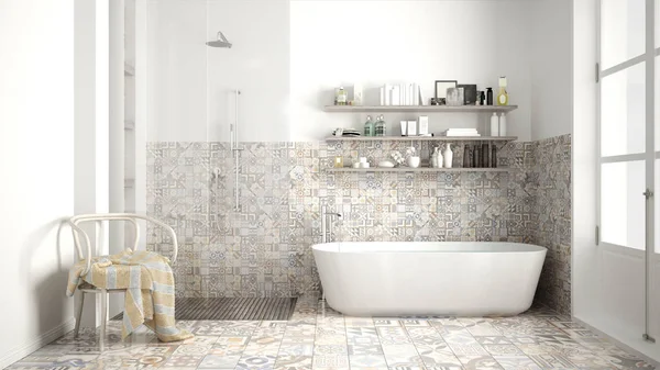 Scandinavian bathroom, classic white vintage interior design