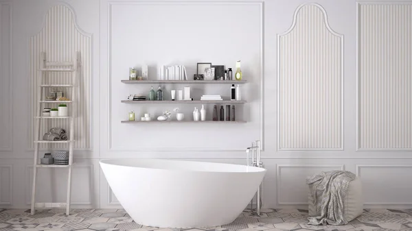 Скандинавская ванная комната, классический белый винтажный дизайн интерьера — стоковое фото