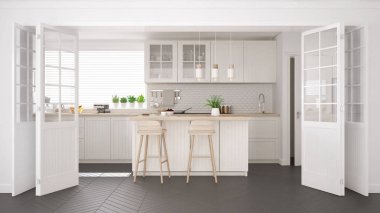 İskandinav klasik mutfağı, ahşap ve beyaz detaylar, mini