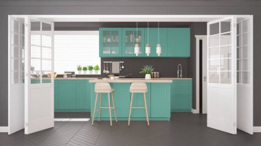 Ahşap ve turkuaz detaylarla İskandinav klasik mutfağı, 