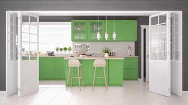 İskandinav klasik mutfağı, ahşap ve yeşil detaylar, mini