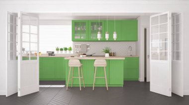 İskandinav klasik mutfağı, ahşap ve yeşil detaylar, mini