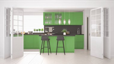 İskandinav klasik mutfağı, ahşap ve yeşil detaylar, mini