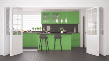 İskandinav klasik mutfağı, ahşap ve yeşil detaylar, mini