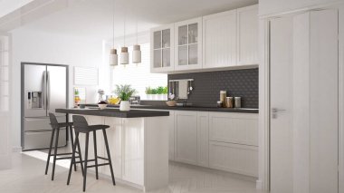 İskandinav klasik mutfağı, ahşap ve beyaz detaylar, mini