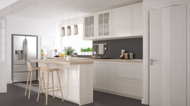 İskandinav klasik mutfağı, ahşap ve beyaz detaylar, mini