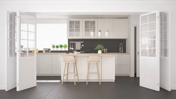 Cocina clásica escandinava con detalles en madera y blanco, mini — Foto de Stock