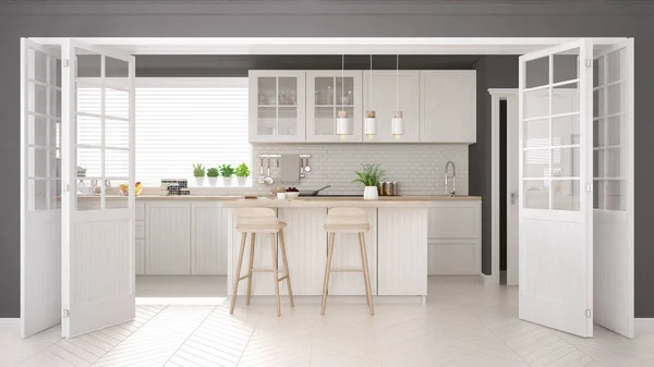 Cocina clásica escandinava con detalles en madera y blanco, mini — Foto de Stock