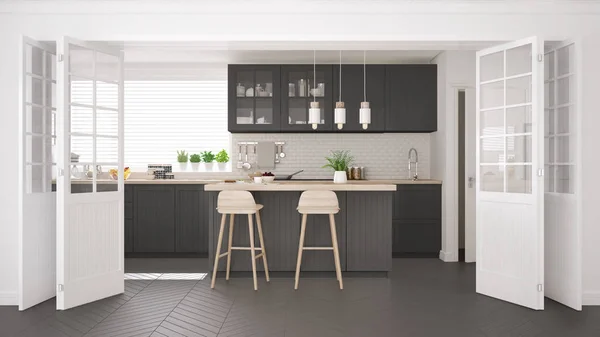 Scandinavische klassieke keuken met houten en grijze details, minim — Stockfoto