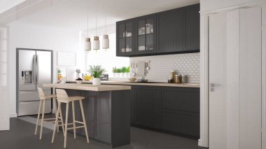 İskandinav klasik mutfağı, ahşap ve gri detaylar, minim