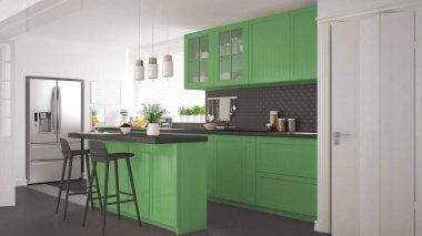 Scandinavian classic kitchen with wooden and green details, mini clipart