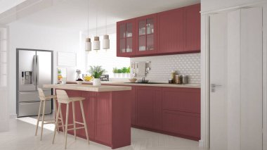 Scandinavian classic kitchen with wooden and red details, minima clipart