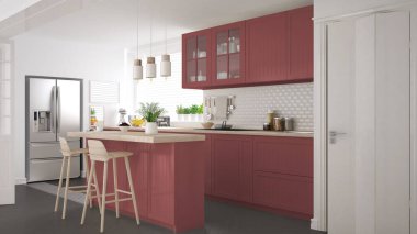 Ahşap ve kırmızı detaylarla İskandinav klasik mutfağı, minima