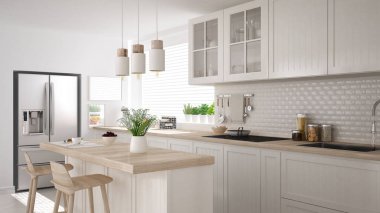 Scandinavian classic kitchen with wooden and white details, mini clipart