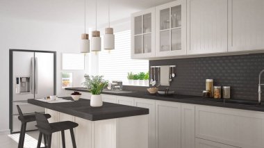 İskandinav klasik mutfağı, ahşap ve beyaz detaylar, mini