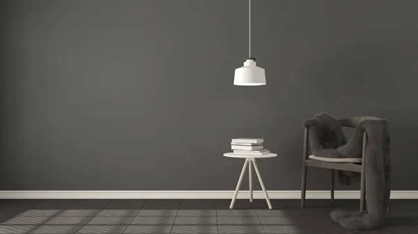 Scandinavian gray background, with table and pendant lamp on her