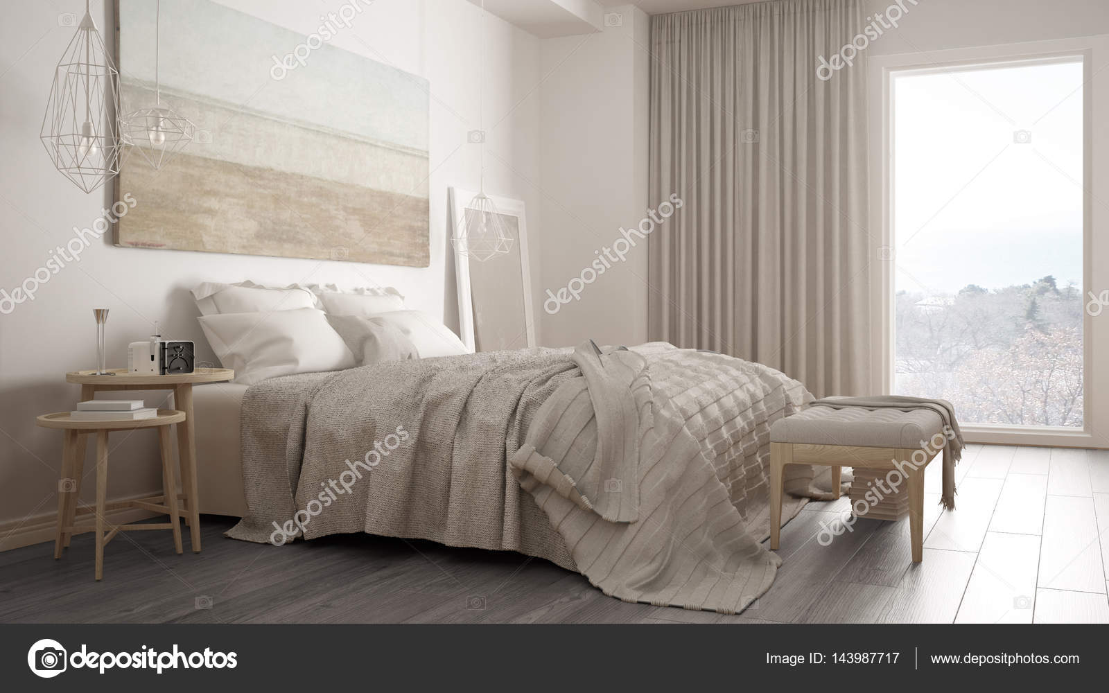 Dormitorio clásico, estilo moderno escandinavo, minimalista interio