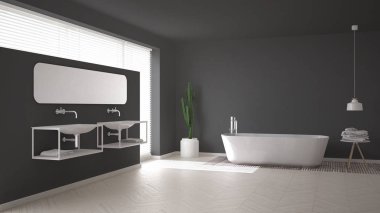 İskandinav banyosu, beyaz ve gri minimalist iç tasarımı