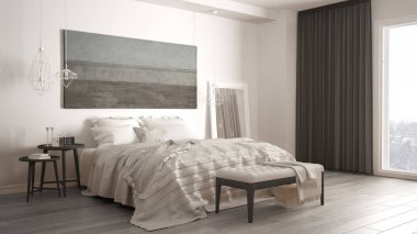 Klasik yatak odası, İskandinav tarzı modern tarz, minimalist interio.
