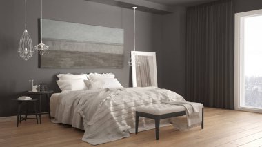 Klasik yatak odası, İskandinav tarzı modern tarz, minimalist interio.