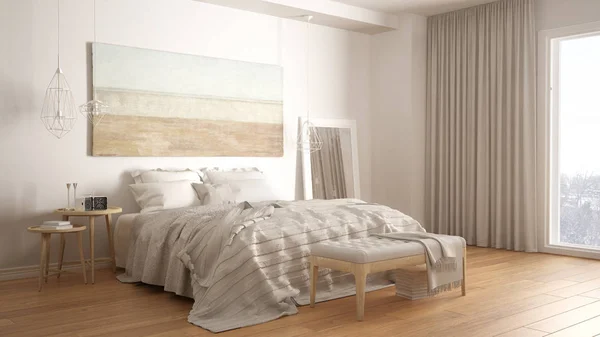 Klasik yatak odası, İskandinav tarzı modern tarz, minimalist interio.
