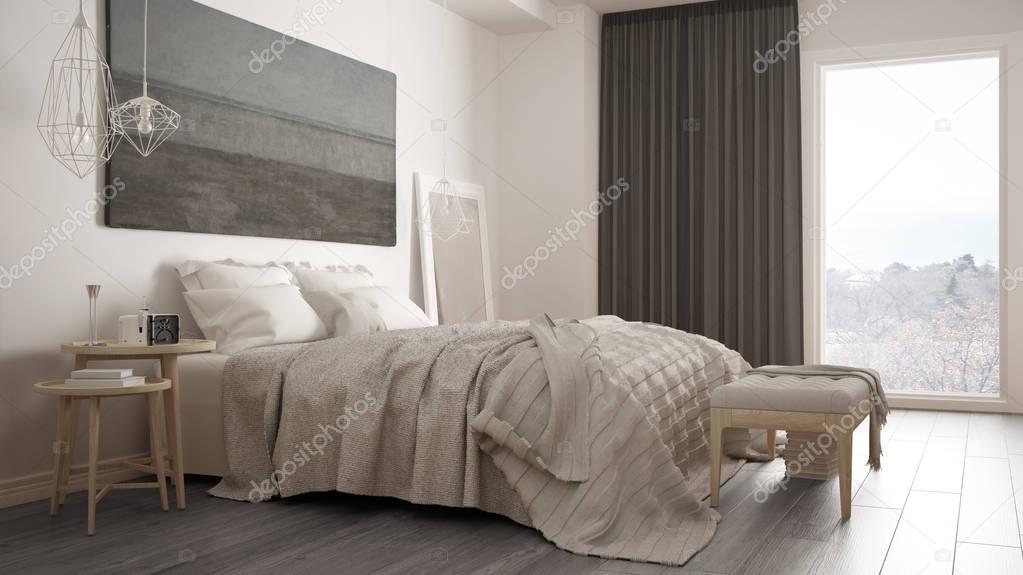 Classic bedroom, scandinavian modern style, minimalistic interio