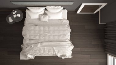 Klasik yatak odası, İskandinav tarzı modern tarz, minimalist interio.