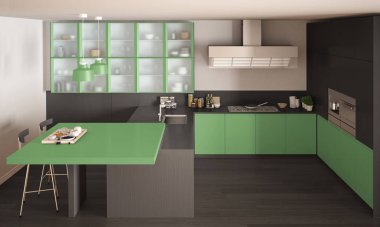 Klasik asgari gri ve yeşil mutfak parke döşemeli, mütevazı