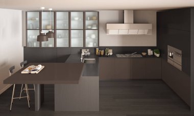 Klasik asgari gri ve kahverengi mutfak parke döşemeli, mütevazı