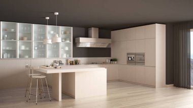 Klasik asgari beyaz mutfak, parke zemin, modern interio.