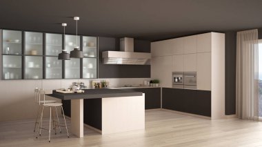 Klasik asgari beyaz ve gri mutfak parke döşemeli, mütevazı