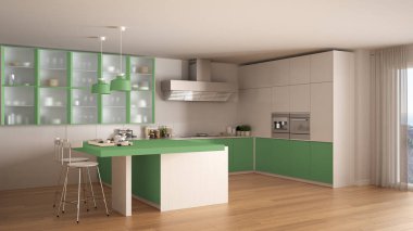 Parke zemin, çift en az beyaz ve yeşil mutfak modu