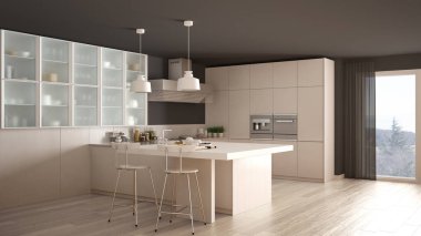 Klasik asgari beyaz mutfak, parke zemin, modern interio.