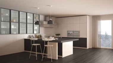 Klasik asgari beyaz ve gri mutfak parke döşemeli, mütevazı