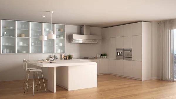 Классическая минимальная белая кухня с паркетным полом, современный интерьер — стоковое фото